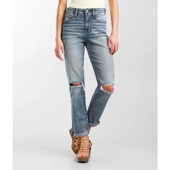 BUCKLE BLACK Women’s Light Wash Distressed Knee Mom Jeans Size 25 - Picture 1 of 8